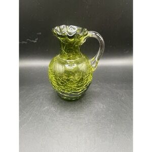 Vtg  Green Pilgrim Art Glass Mini Pitcher Applied Handle Optic Panel 4" Tall